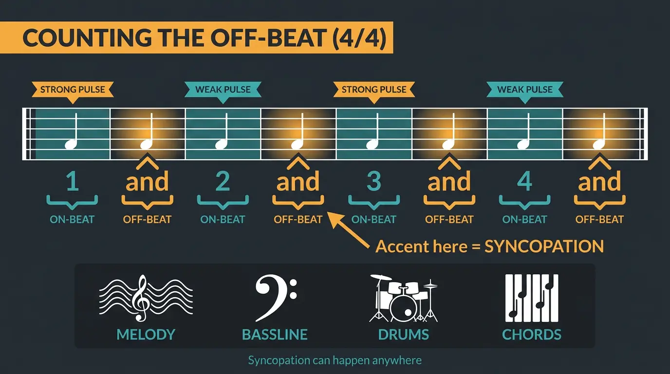 Infographic of a 4/4 measure counted 1-and-2-and, showing on-beats vs off-beats and where syncopation accents fall.